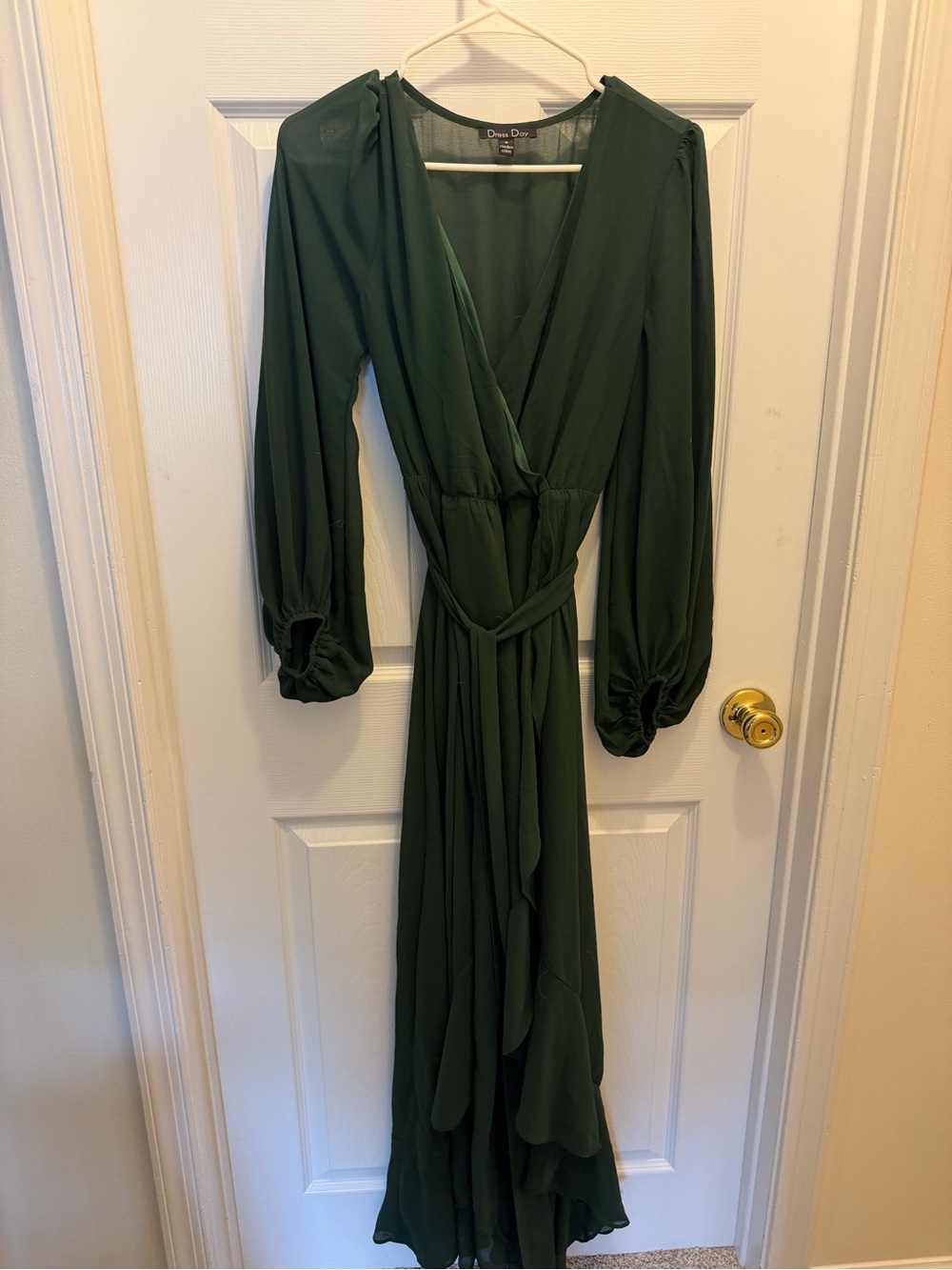 Deep Green Long Sleeve Wrap Maxi Dress with Tie Waist